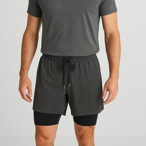 OHMME 2-in-1 Running Shorts‎ Lined Athletic Gym Workout Drawstring Gray Small